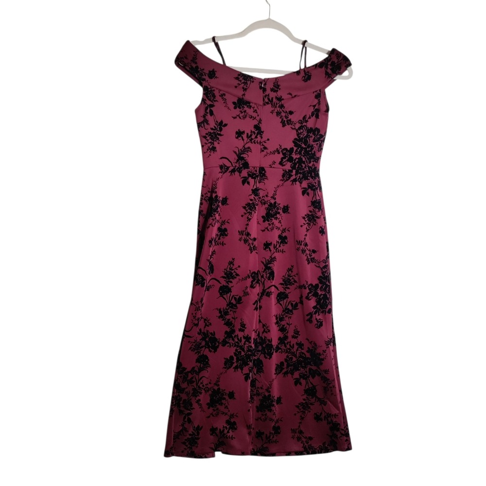 Alexa B Petite Burgundy Floral Off Shoulder Midi Dress Size 10P Side Slit 3165